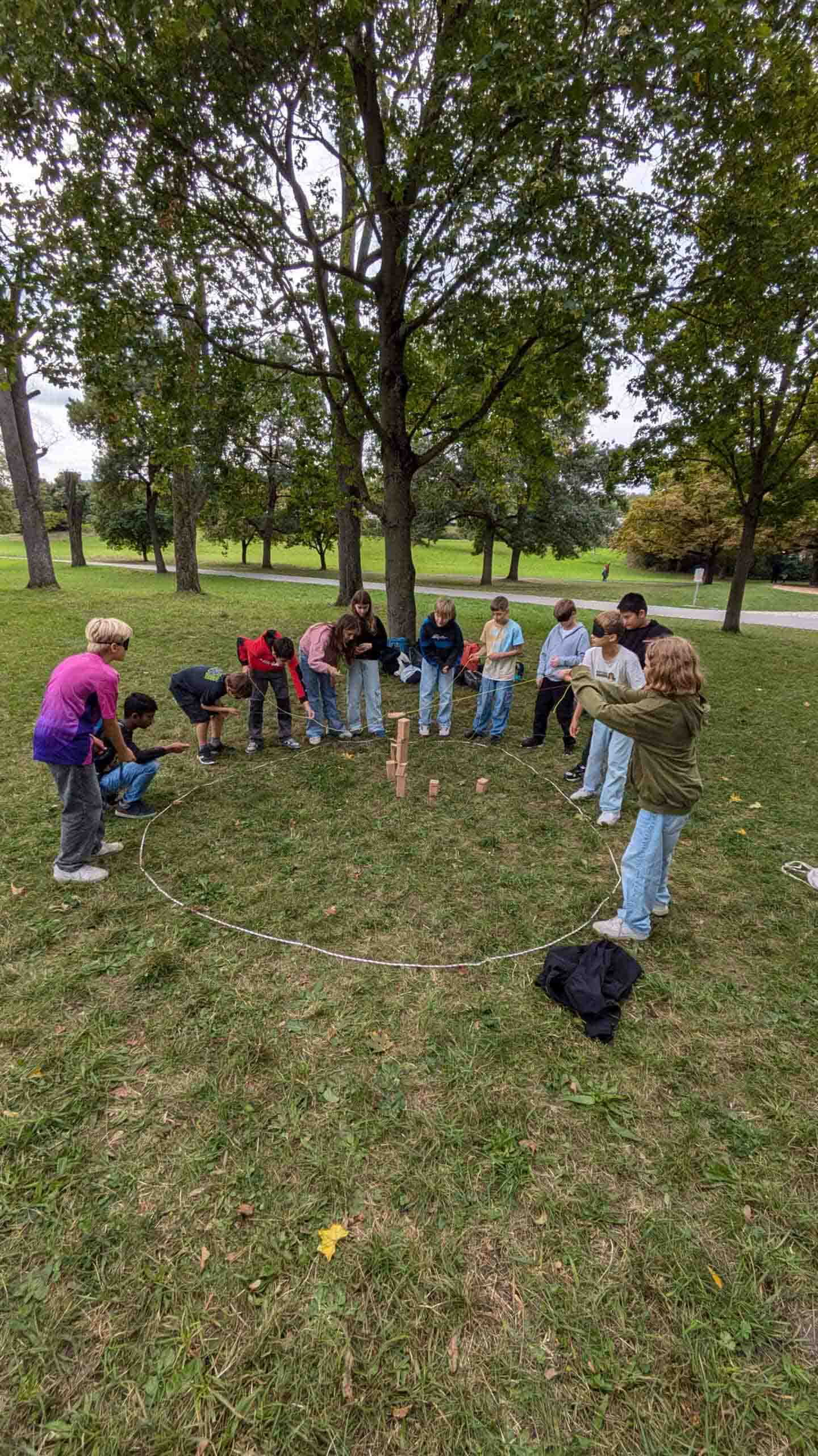 Eine Gruppe von Menschen spielt im Park ein Wurfspiel mit Holzklötzen und gestikuliert freudig.