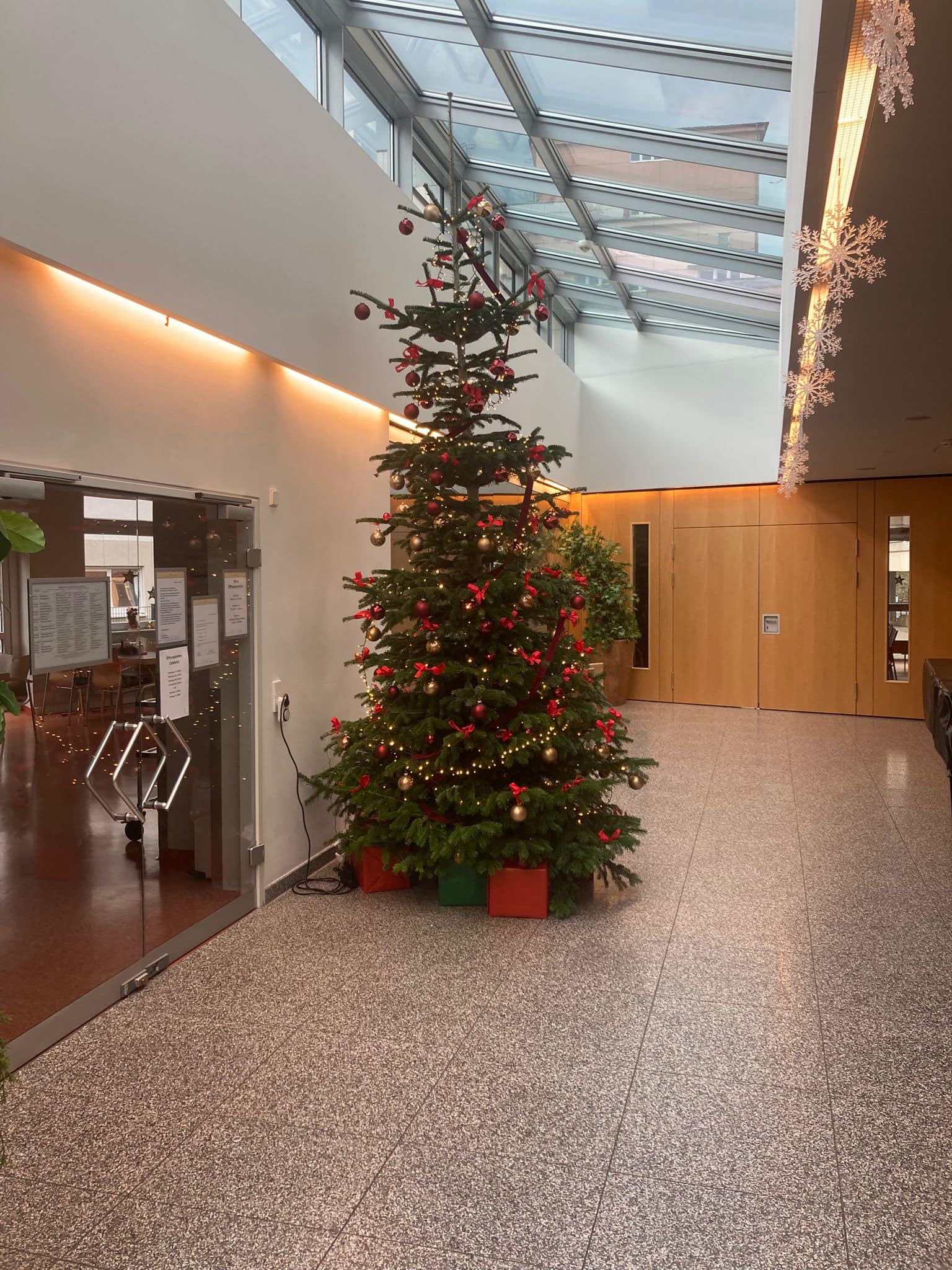 Ein Weihnachtsbaum in einem modernen Foyer mit Glasdach und roten sowie goldenen Verzierungen.