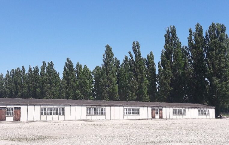 Langes, weißes Gebäude vor hohen, grünen Bäumen unter klarem, blauem Himmel.